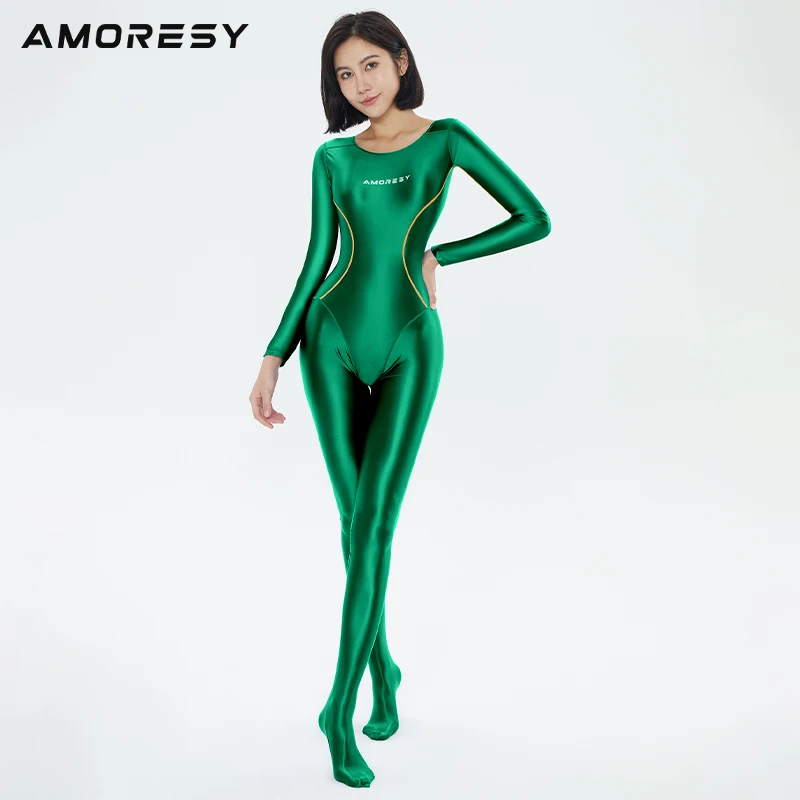 AMORESY Oceanus Glossy Solid Splice Pantyhose Bodysuit Sports Slim Breathable