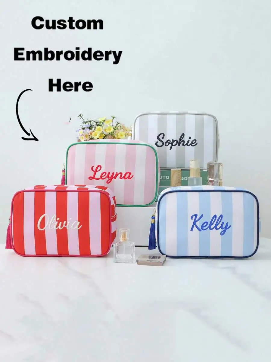 Custom Lettering Name Embroidered Striped Tassel Makeup Bag Zipper Travel Toiletry Pouch Multi-functional Gift for Adults Kids