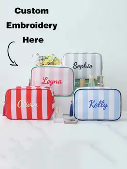 Custom Embroidered Striped Makeup Bag 1