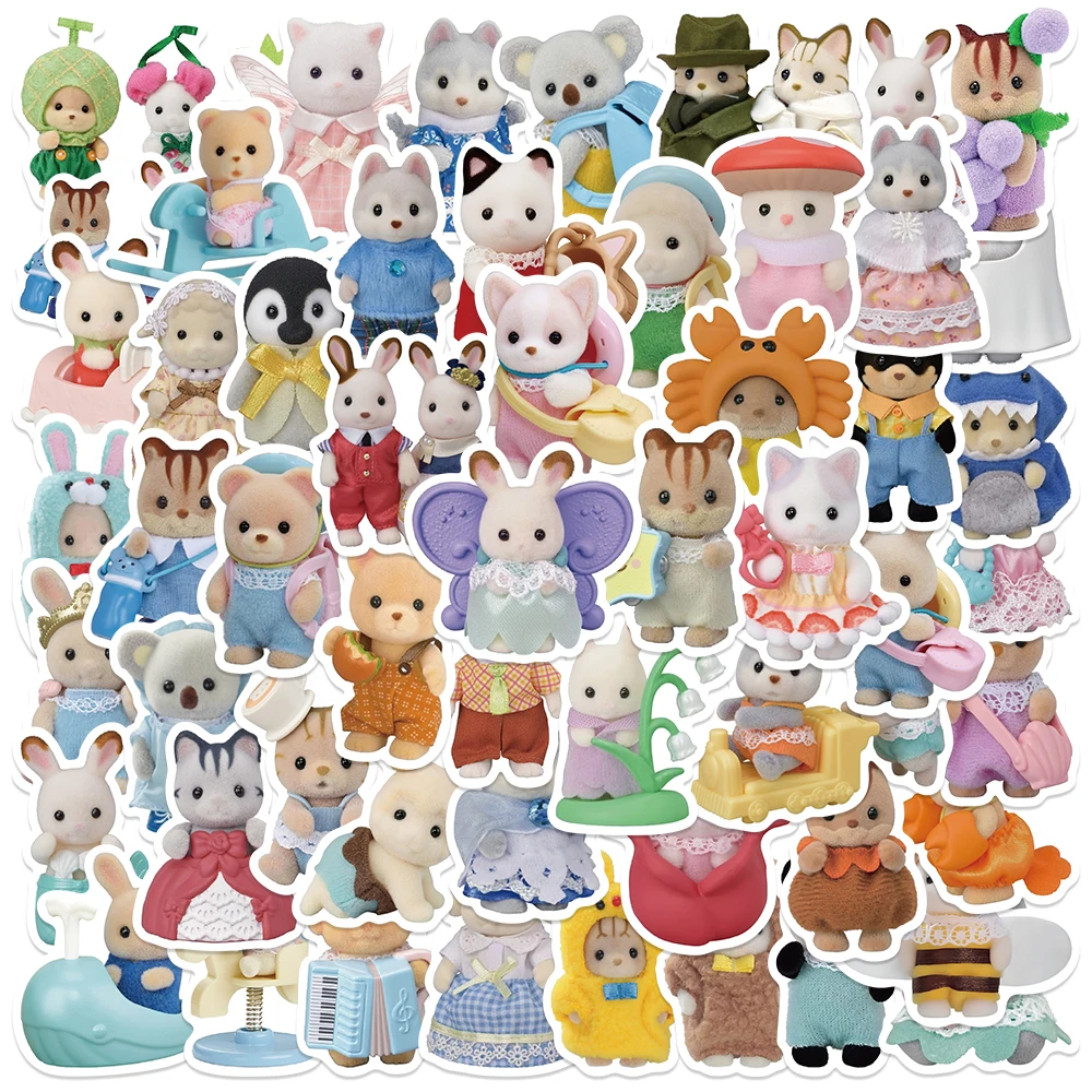 55 Uds. Kawaii Sylvanian Families 3D Calico Critter decoración impermeable DIY calcomanía coche diario portátil teléfono diario chico juguete pegatina