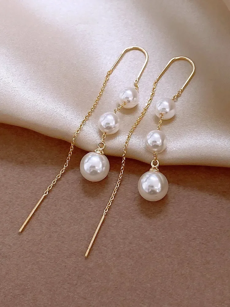 

2024 new popular temperament long pearl fringed ear line high sense light luxury niche versatile earrings earrings women