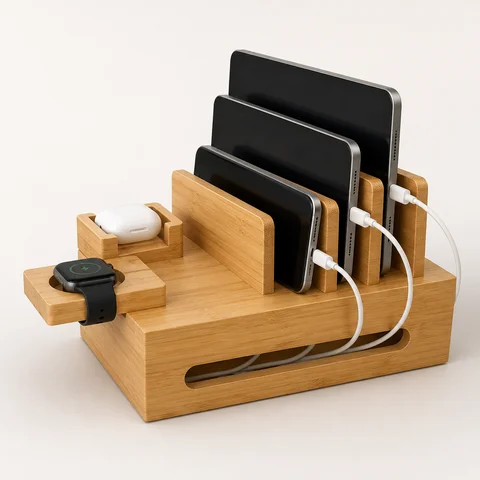 Bamboo Holder for iPhone Stand for Samsung Phone Cords Charging Station Docks Organizer for Smart Phones and Tablets USB Charge