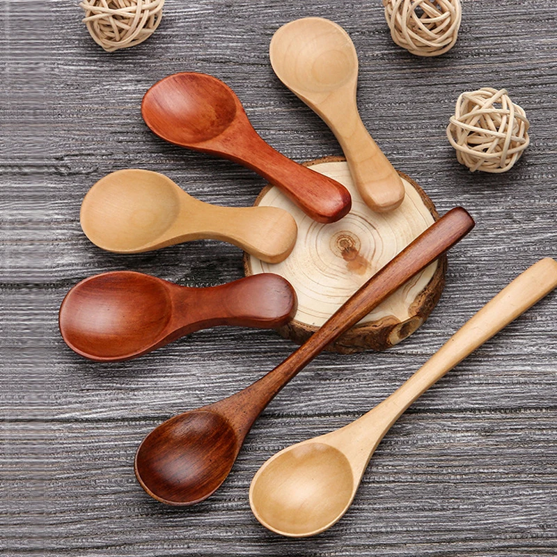 Wooden Spoon Children Cute Small Soup Spoon Dessert Drink Spoon Honey Rice Spoon Kitchen Cutlery Tableware Ice Cream Cake Scoop