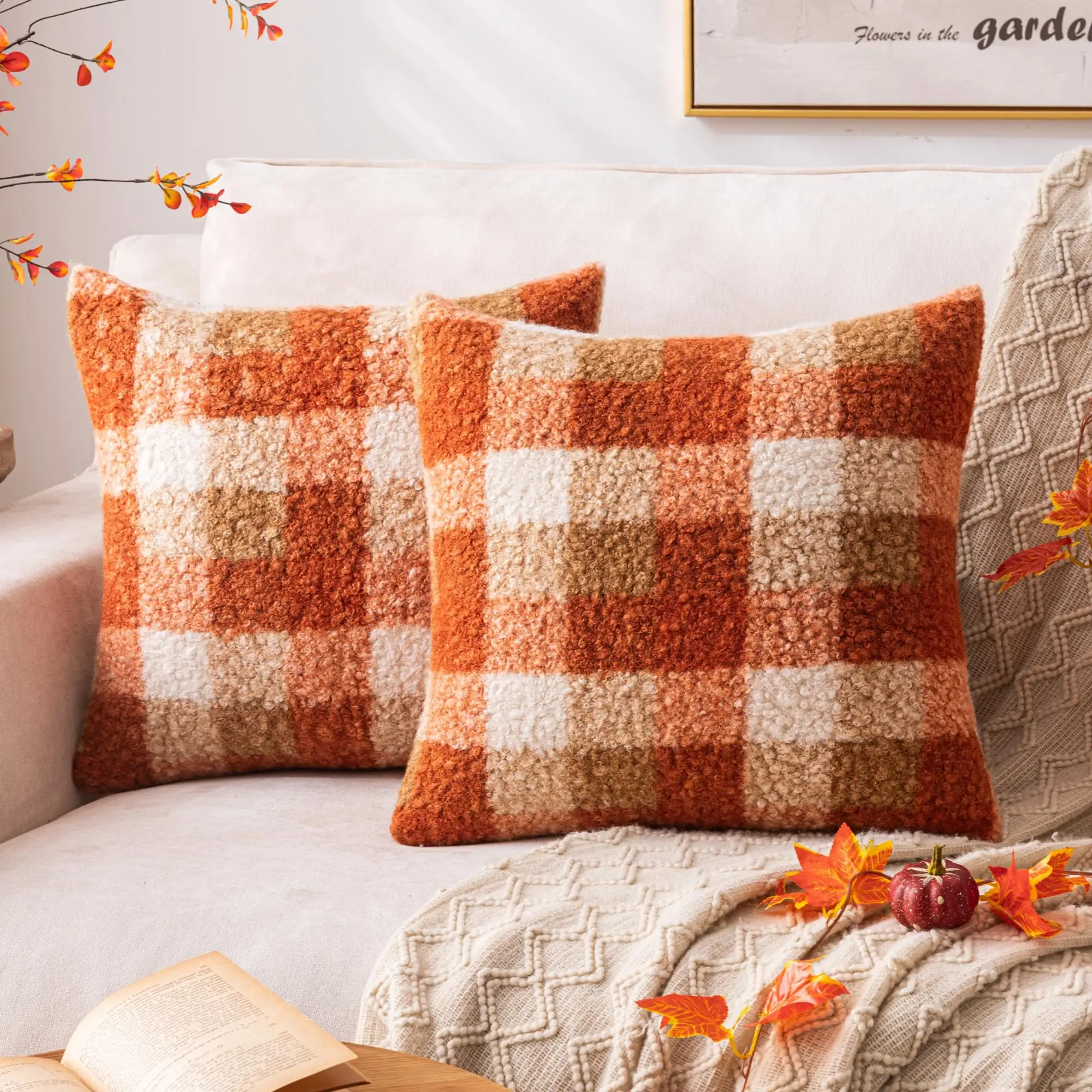 Plaid Fall Throw Pillow Covers Set of 2, Boucle Decorative Pillow Covers,Cozy Fluffy Home Room Farmhouse Decor for Sofa Couch