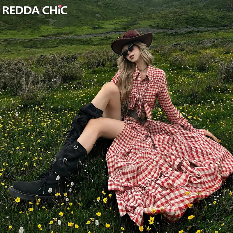 

ReddaChic Women Western Crop Top Skirt Set Rose Plaid Tie Up Long Sleeve Shirt Buttoned Split Long Skirt Vacation Summer Clothes