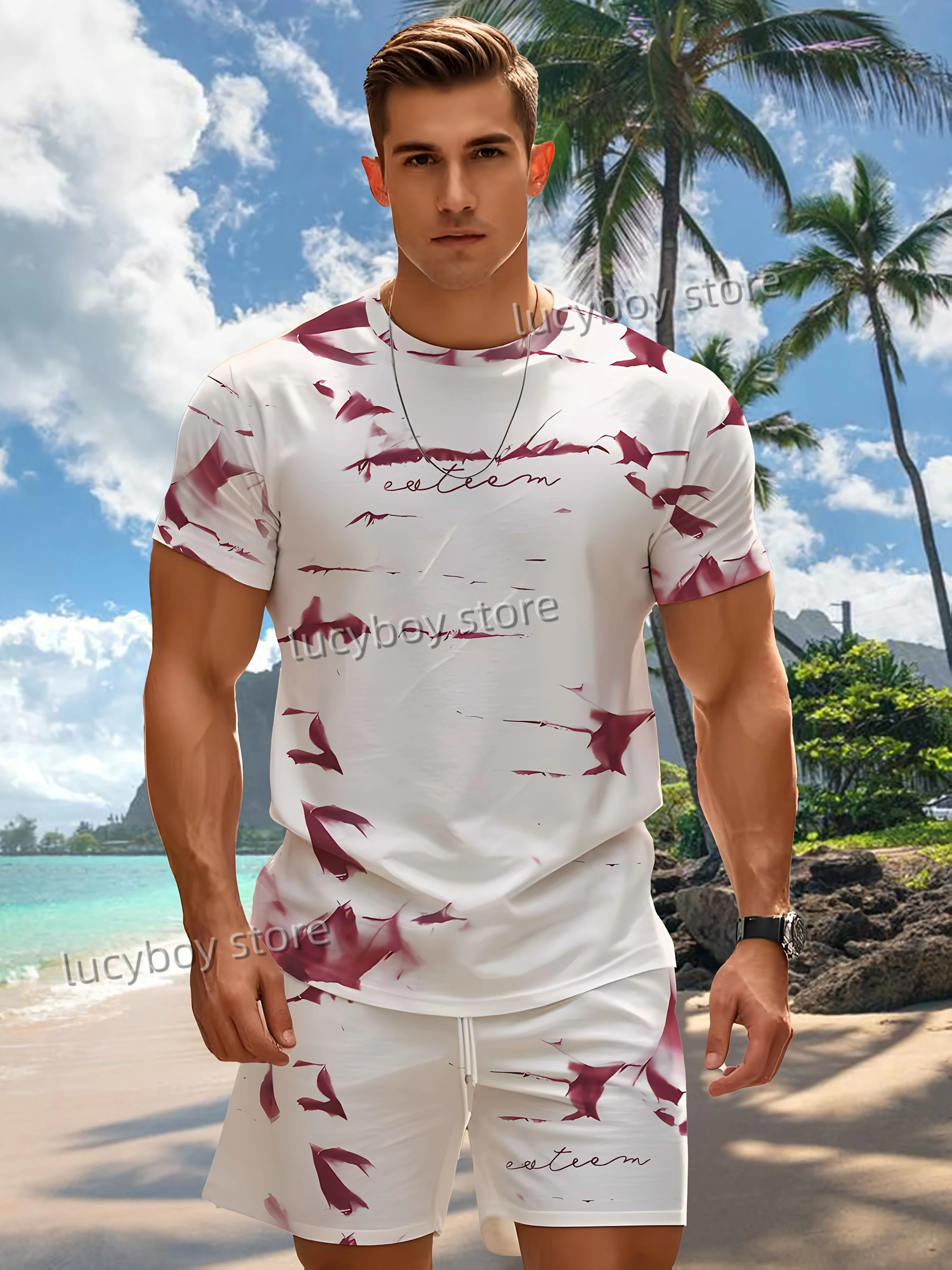 Man 3DGradiëntkleur Gedrukt Sport T-shirt + shorts Pak Set Mannen Mannelijke Luxe Trainingspak Outfit Zomer Oversized 2-delige Set Kleding