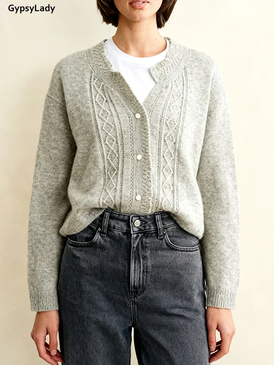 

French Retro Wool Cardigan Sweater Women Autumn Winter Hollow Out V Neck Jacquard Knitted Casual Warm Ladies Knitwear Outerwear