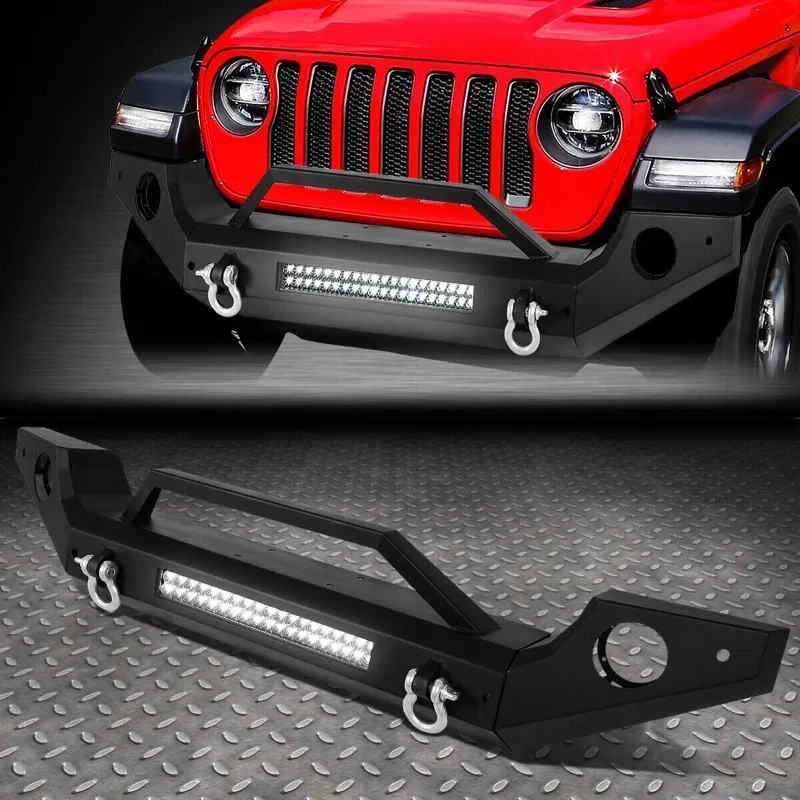 US FOR 2018 2019 2020 2021 2022 2023 2024JEEP WRANGLER JL STEEL FRONT BUMPER W/LED BAR+D-SHACKLE+FOG LIGHT HOLE