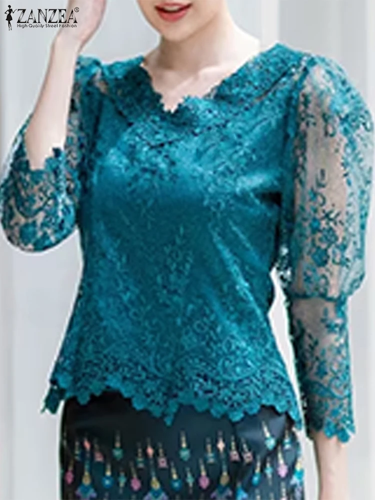 ZANZEA المرأة الخريف تفريغ الدانتيل بلوزة بلايز خمر الأزهار Blusas 3/4 كم س الرقبة الستر 2025 بلوزة شفافة غير رسمية #1