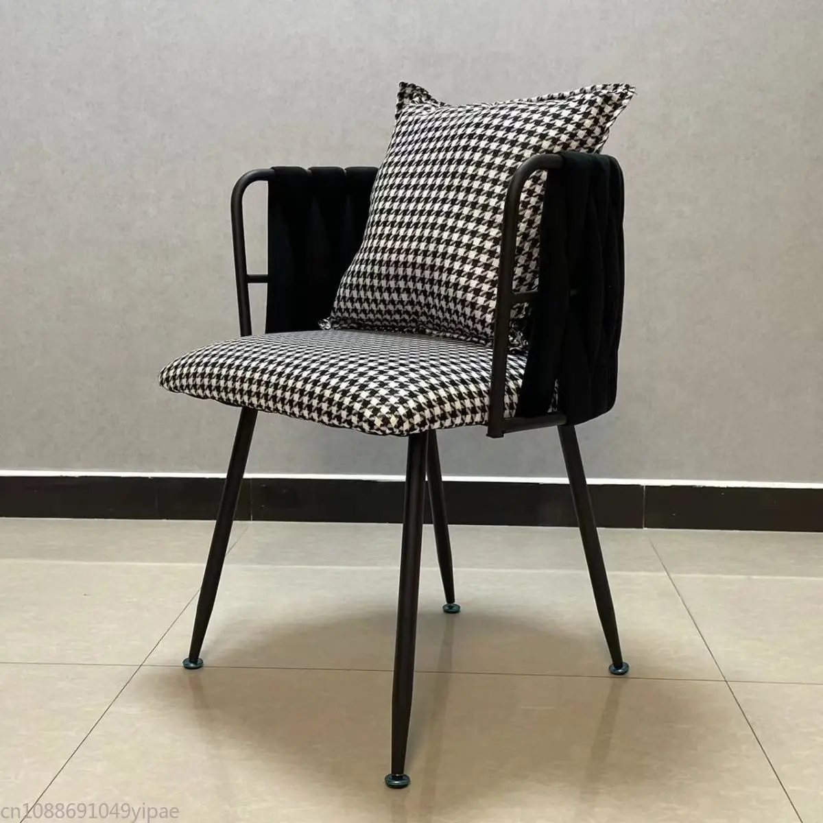 

Light Luxury Woven Dining Chair Nail Chair Velvet Cloth Thousand Bird Check Black Iron Art Nordic Network Red Leisure Chair