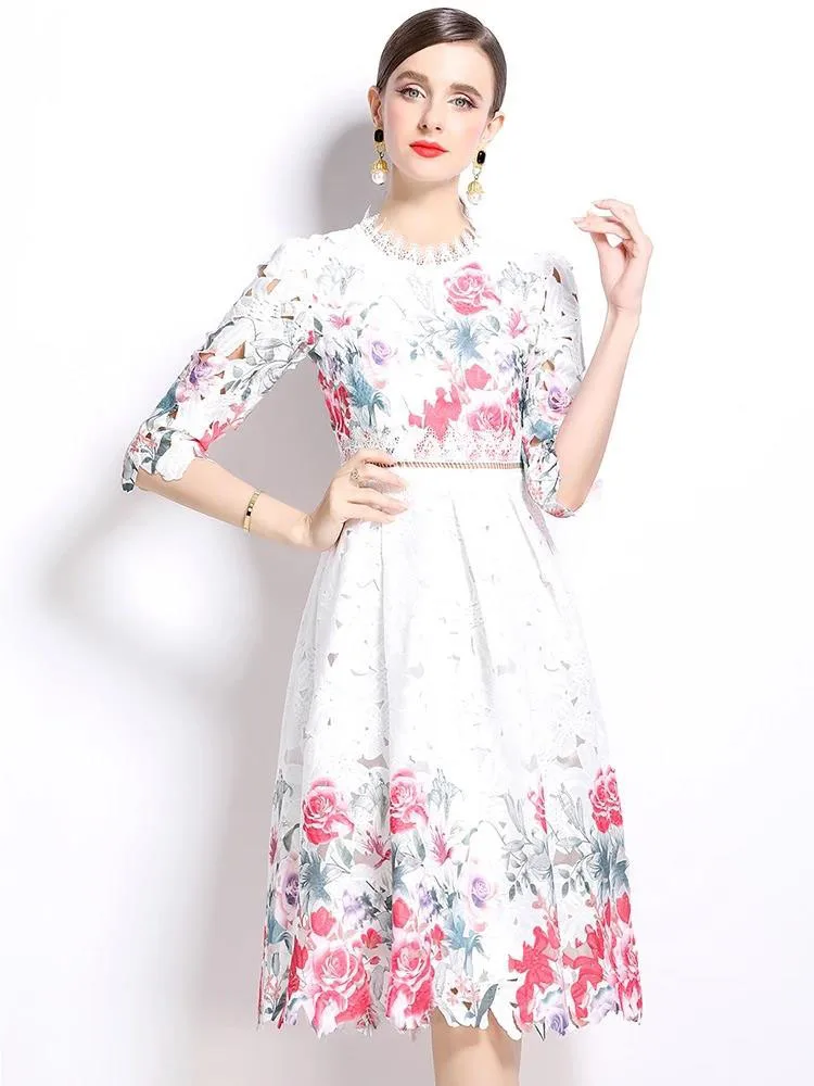Women's Stand Half Sleeve High Waist Hollow Out Vintage Lace Dresses Autumn Gorgeous Flower Water Soluble Female Midi Vestido