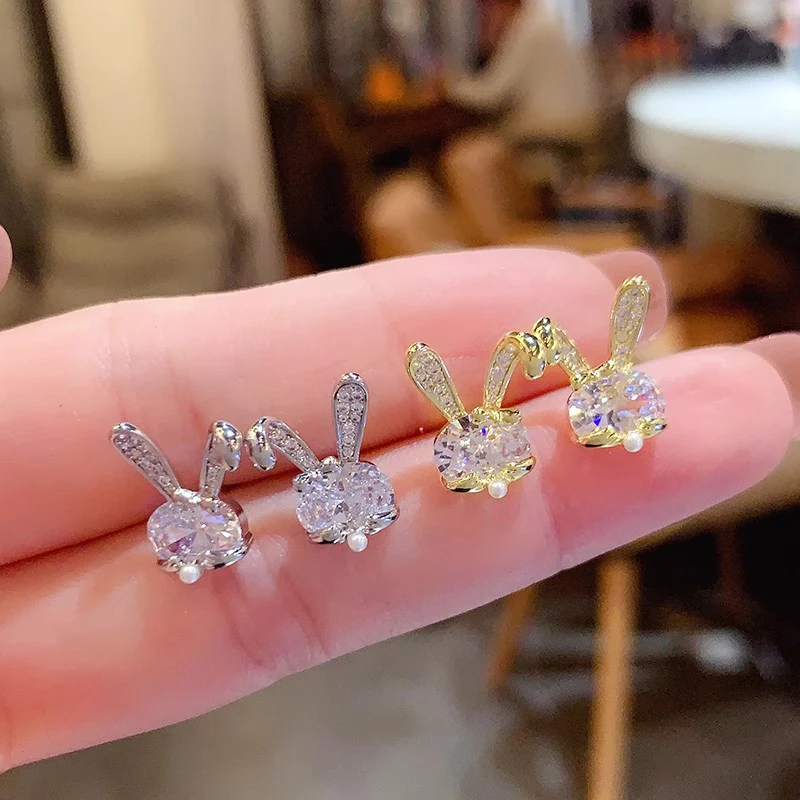 Huitan Chic Rabbit Ears Shaped Stud Earrings for Women Dainty Cubic Zirconia Earrings Exquisite Party Gift New Trendy Jewelry