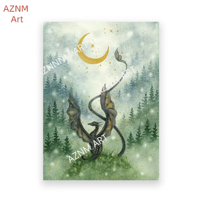 Dragon Art Watercolor Painting Canvas Poster Fantasy Art Wild Forest Dragon Prints Mythological Nature Wall Pictures Home Decor