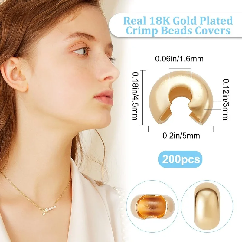 200Pcs/Box Crimp Beads Covers 18K Gold Plated Brass Half Round Open Crimp Beads Knot Covers Caps 5mm for DIY Jewelry Makings