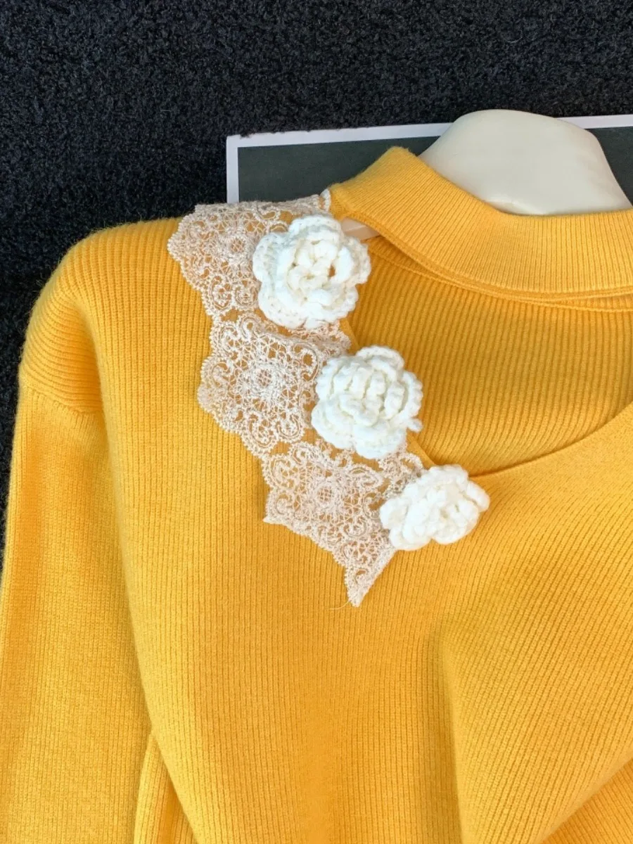 المرأة محبوك سترة الجوف خارج عالية الياقة ثلاثية الأبعاد زهرة تصميم الخريف الشتاء جديد Sle النسخة الكورية سليم صالح Camere