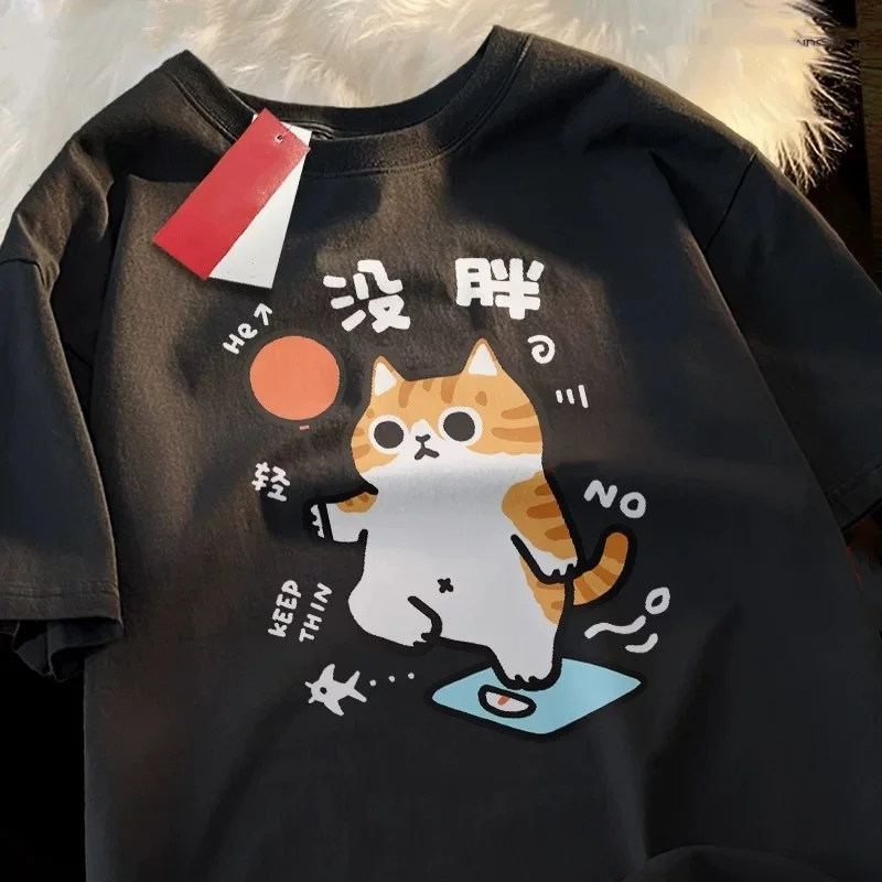 ZAZOMDE Summer Pure Cotton Short-sleeved T-shirt For Women Summer New Cat Cartoon Student Loose Top For Men Y2k Ins 2025