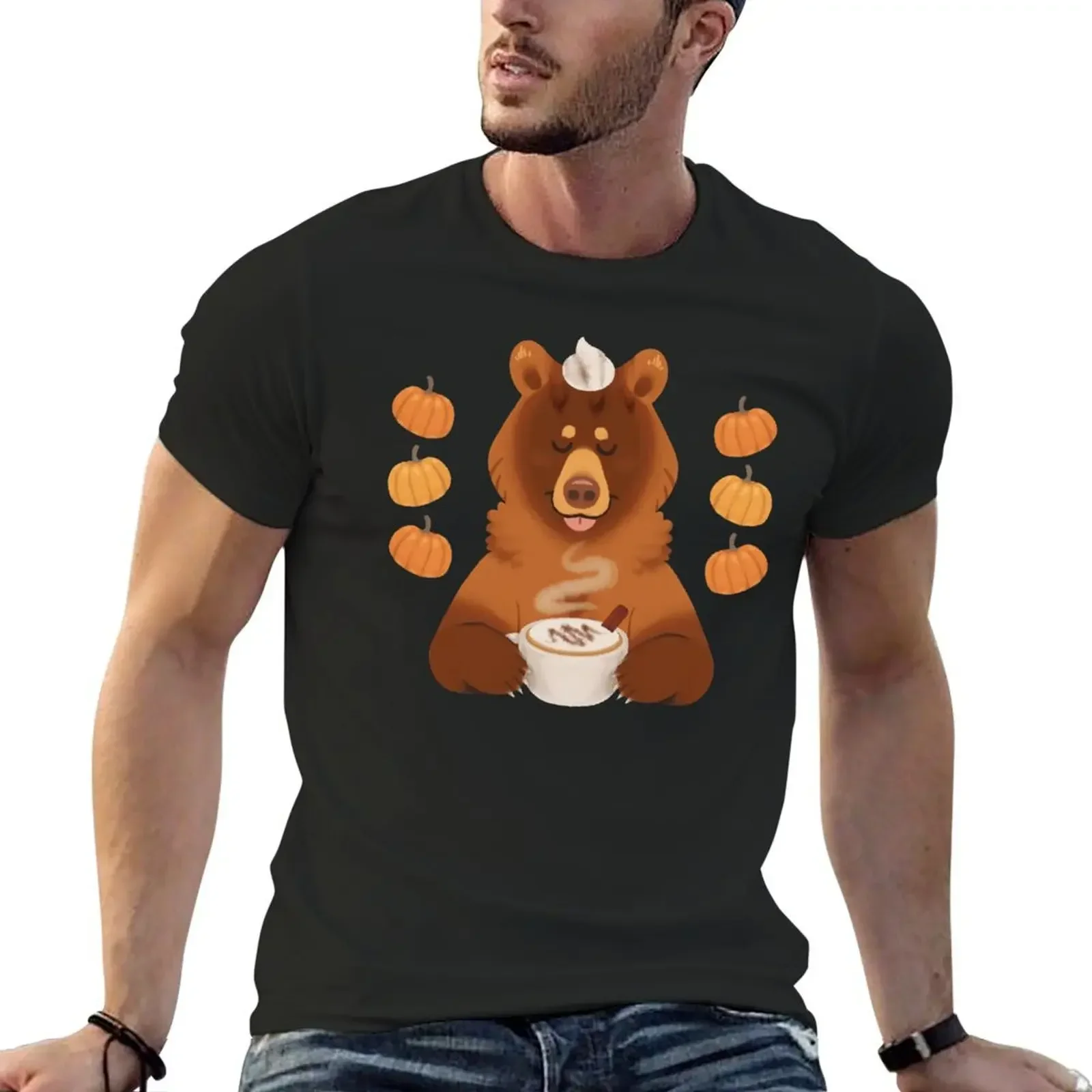 

pumpkin spice bear T-Shirt fashion shirts vintage clothes Men's cotton t-shirt