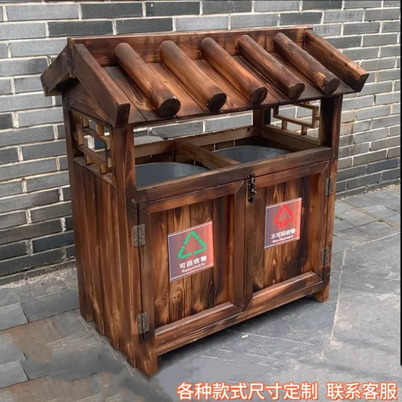 

Antiseptic wood trash can Outdoor park Scenic Area Carbonized wood trash can Antique solid wood trash can