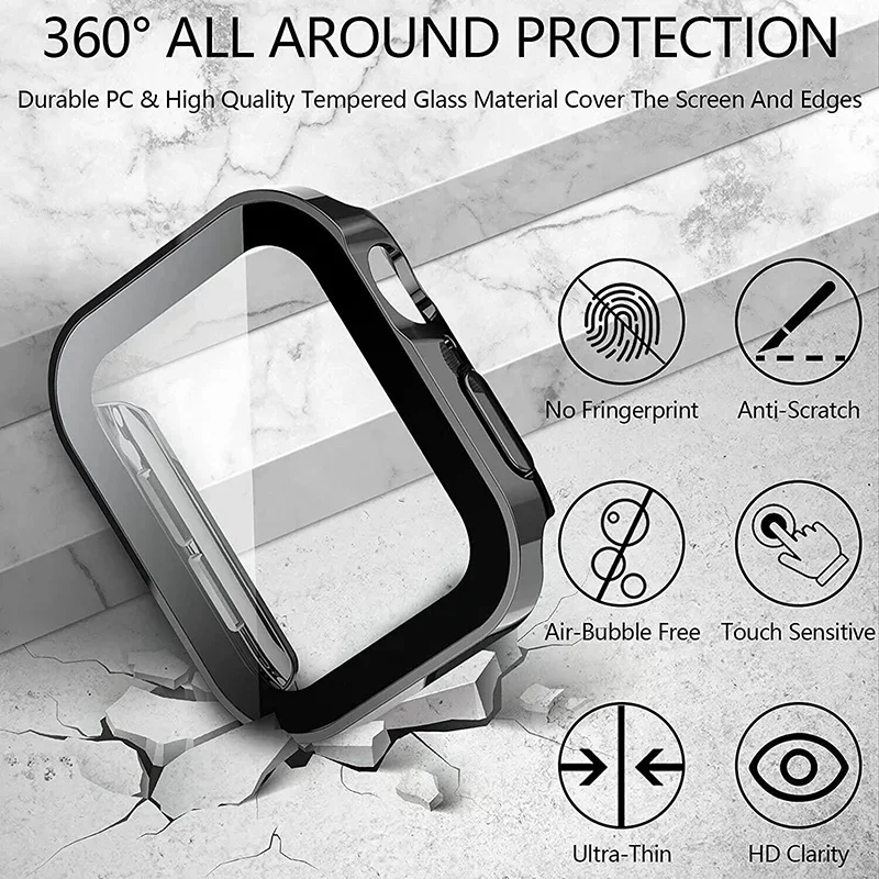 Electroplating Waterproof Case+Glass For Apple Watch 9 40mm 41mm 44mm 45mm Screen Protector Glass Bumper iWatch 9 8 7 SE 6 5 4