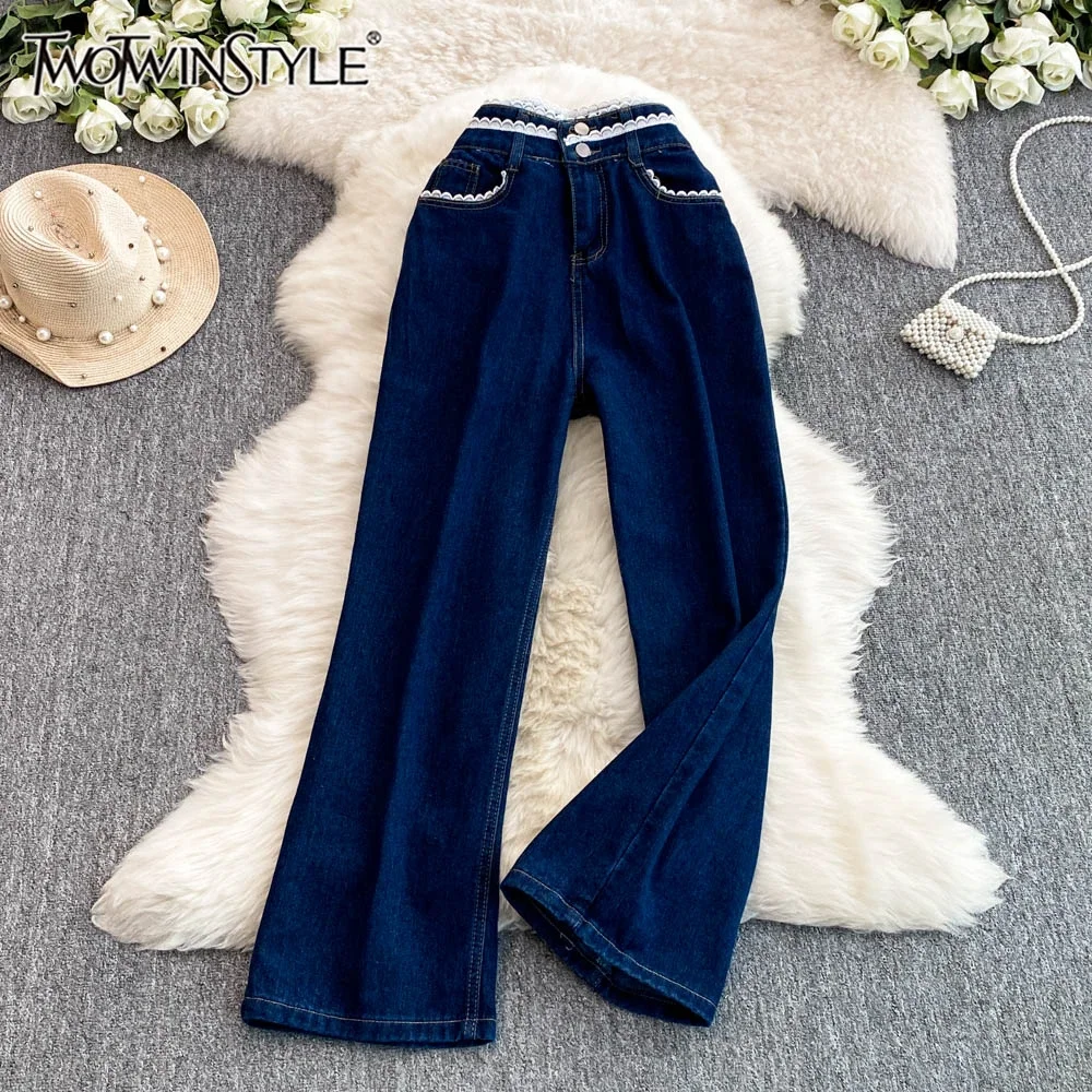 

TWOTWINSTYLE New Colorblock Spliced Lace Chic Denim Pants For Women High Waist Weide Leg Straight Pants Female Fashion KPA522443