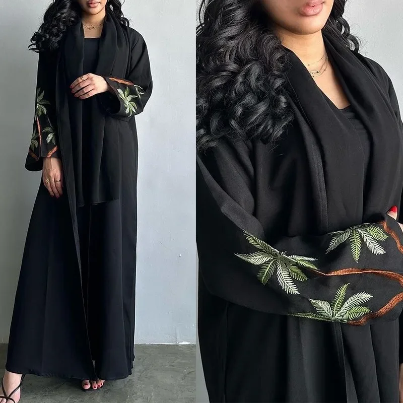 2025 New Ramadan Islam Abaya Kaftan Black Embroidered Leaf Pattern Robe Femme Musulmane Europe and Dubai America