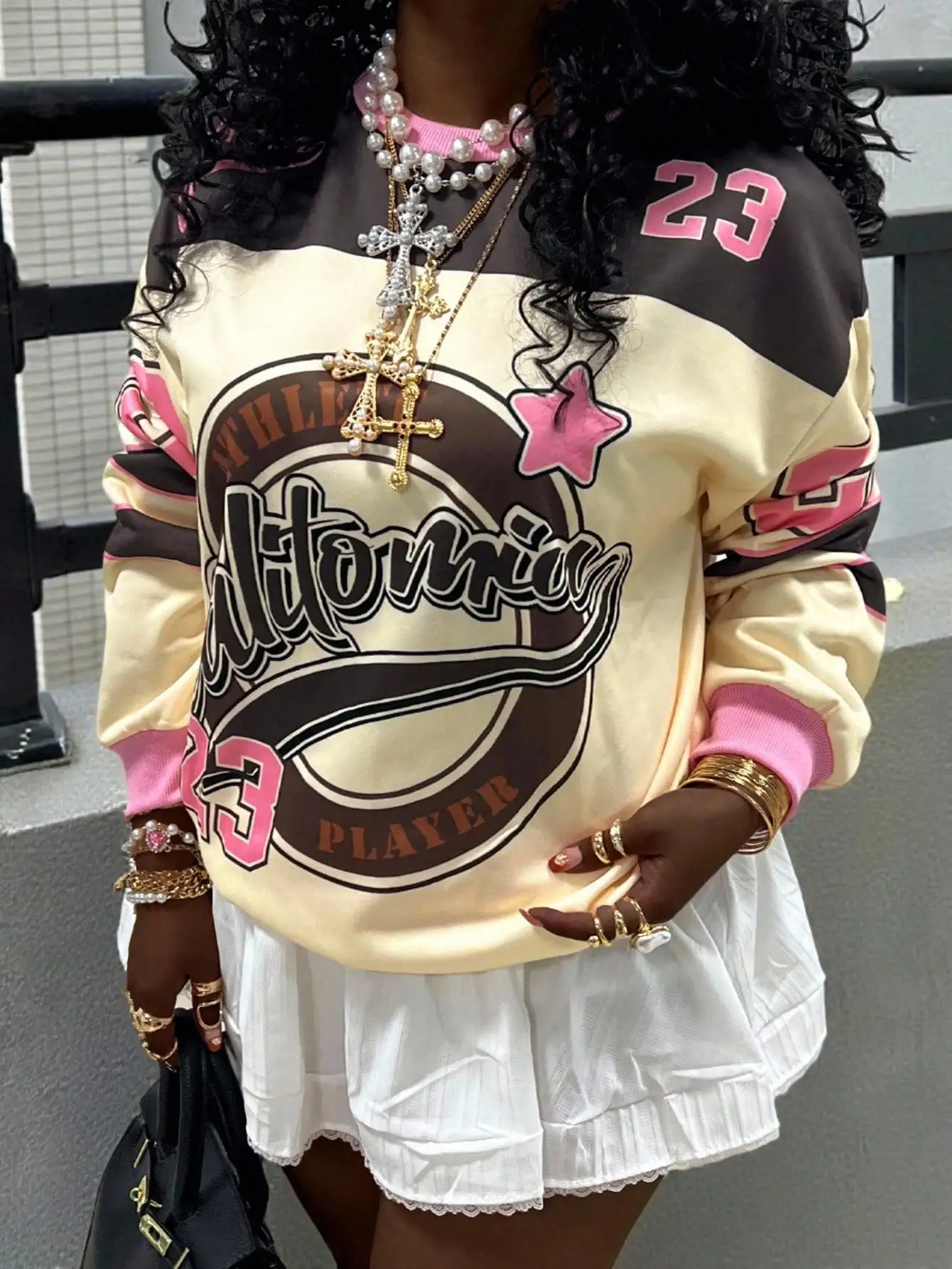 

Women's Y2K California Player Graphic Sweatshirt with Pink Number 23, Streetwear Style