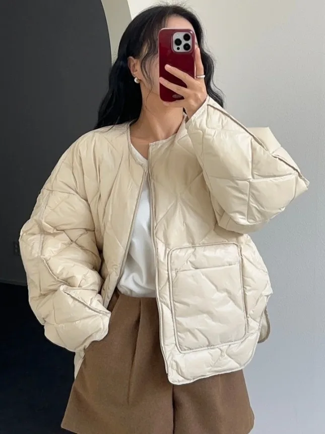 

Retro round Ne Long Sve Cotton Jaet Women's Chic Winter Loose Warm Cotton Clothes Faionable Casual Outerwear