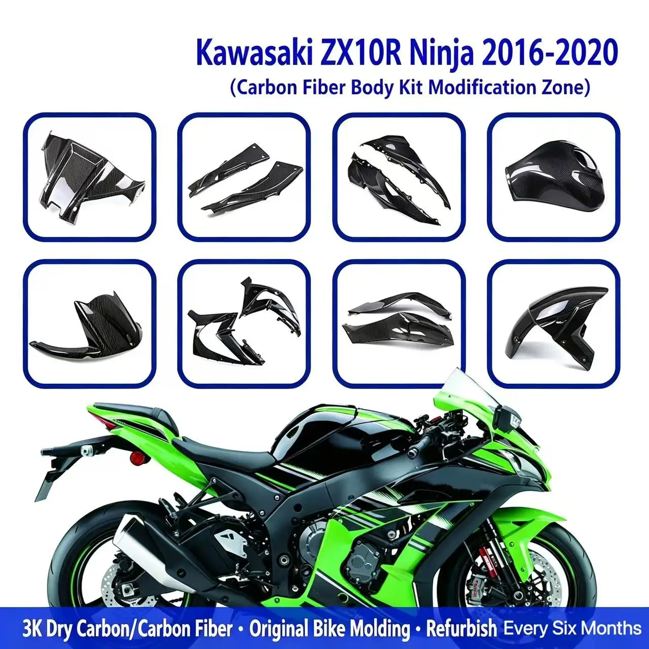 Suitable for Kawasaki zx10r 2016 17 18 19 2020 carbon fiber modified fairing mudguard fuel tank cover shell accessories