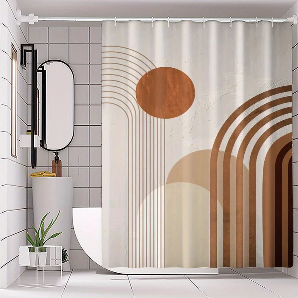 

1pc Bohemian Winter Artistic High Quality Polyester Shower Curtain - No-Drill Hooks, Abstract Wave Design in Beige/Brown/White,