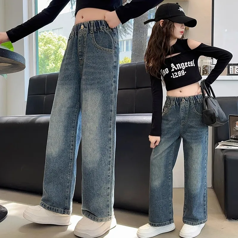 Girls Pocket Bow Embroidery Jeans New Teenage Children Wide Leg Denim Pants for Girl Kids Loose Trousers Spring Autumn 5-14Years