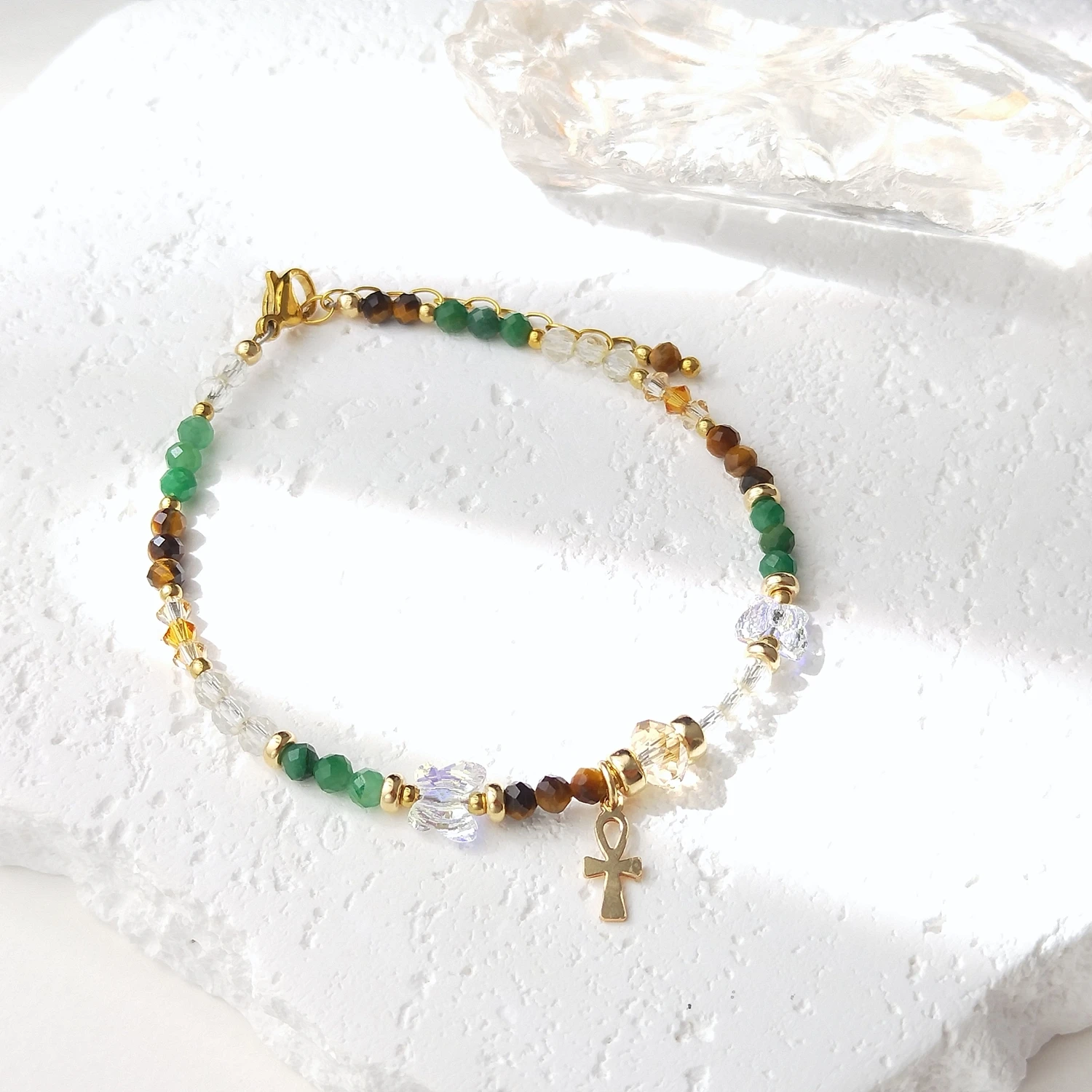 Lii Ji 3mm Citrine Tiger's Eye African Jade Natural Stone With Crystal American 14K Gold Filled Bracelet 18+3cm