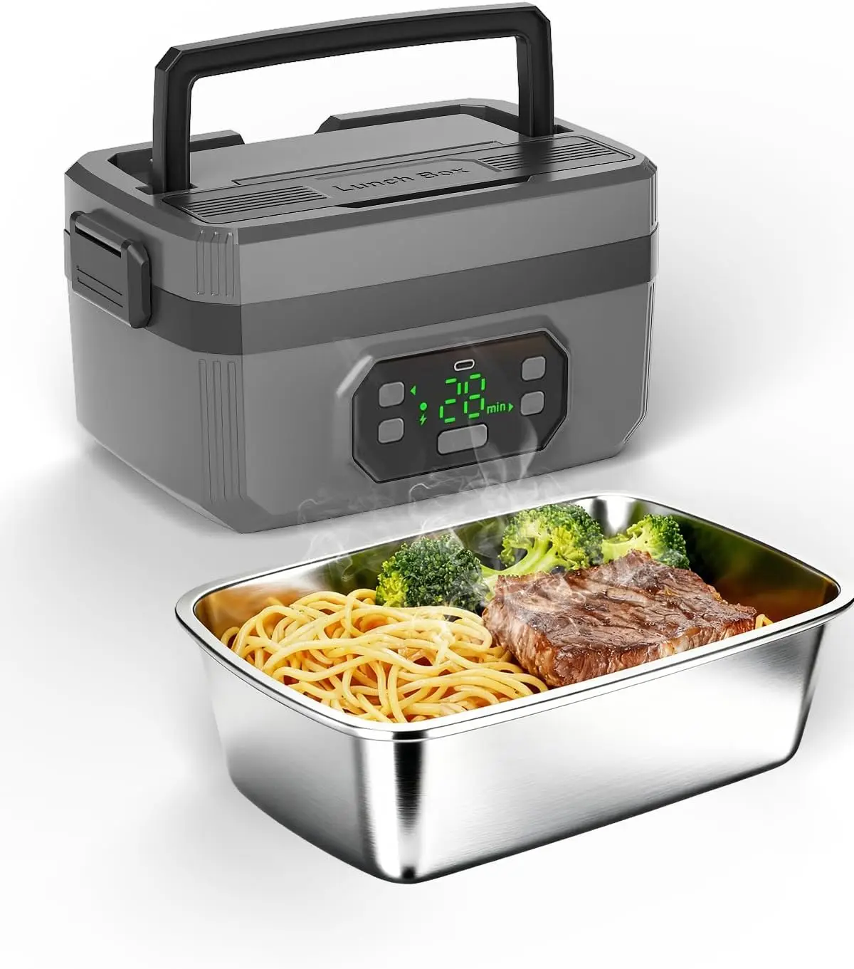 

Portable Electric Lunch Box, 1.2L Stainless Steel, Rechargeable Heated Food Warmer with Timer for Office Car Outdoor