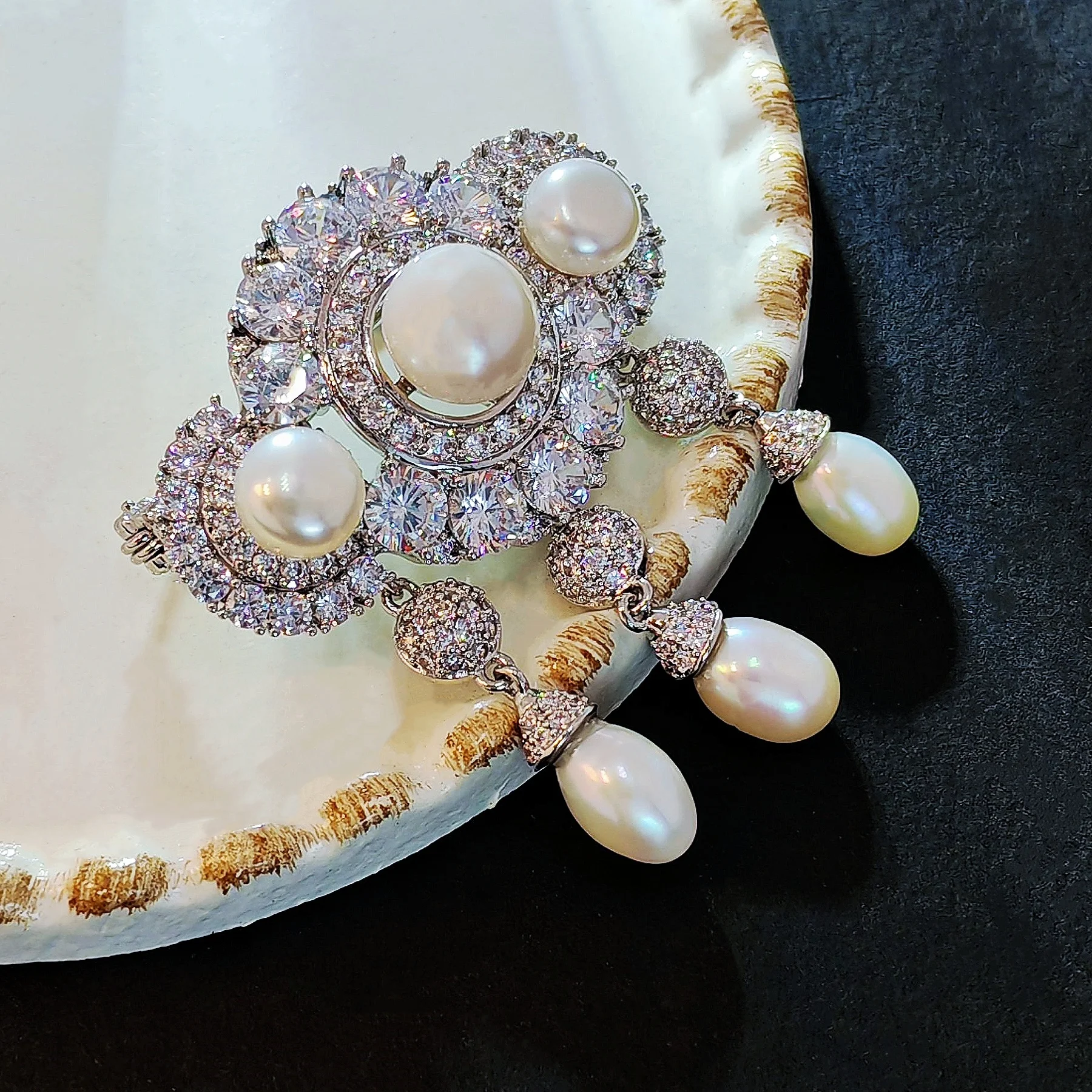 Elegant Silver Tone Micro Pave CZ Trio Pearl Brooch with Triple Teardrop Queen Wedding Jewelry