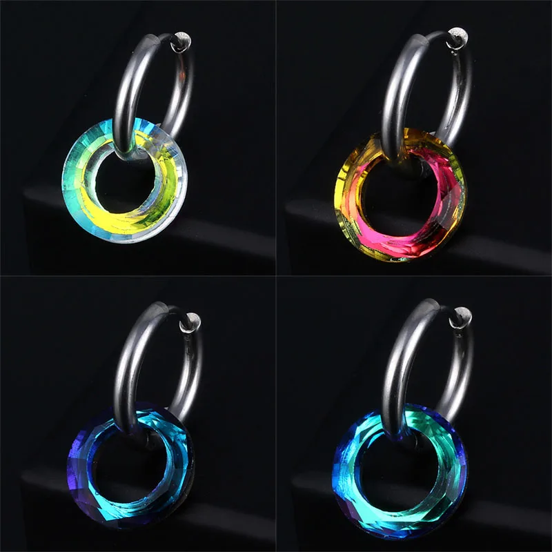 Trendy Retro Colorful Circle Pendant Earrings Stainless Steel Hip Hop Punk Geometric Stud Ear Jewelry Party Gifts For Women Men