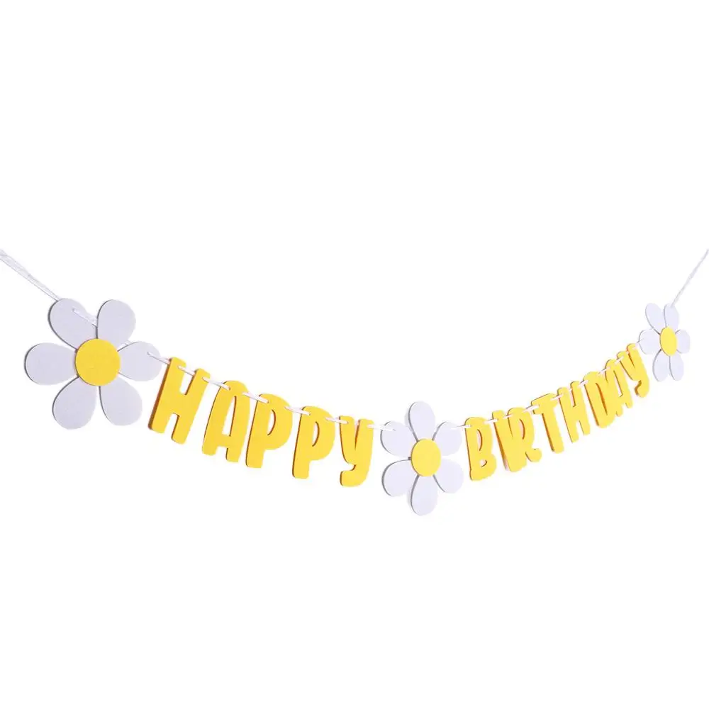 Non Woven White Flower Photo Decoration Boys Girl Happy Birthday Daisy Banner Hanging Flag Banner Party Flag