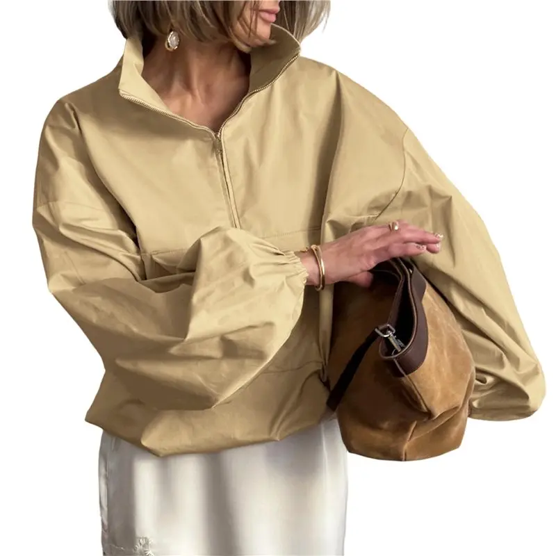 Women Stand Collar Half Zip Pocket Drop Shoulder Long Sleeve Oversized Windbreaker Pullover Jacket Khaki S Eco-Friendly