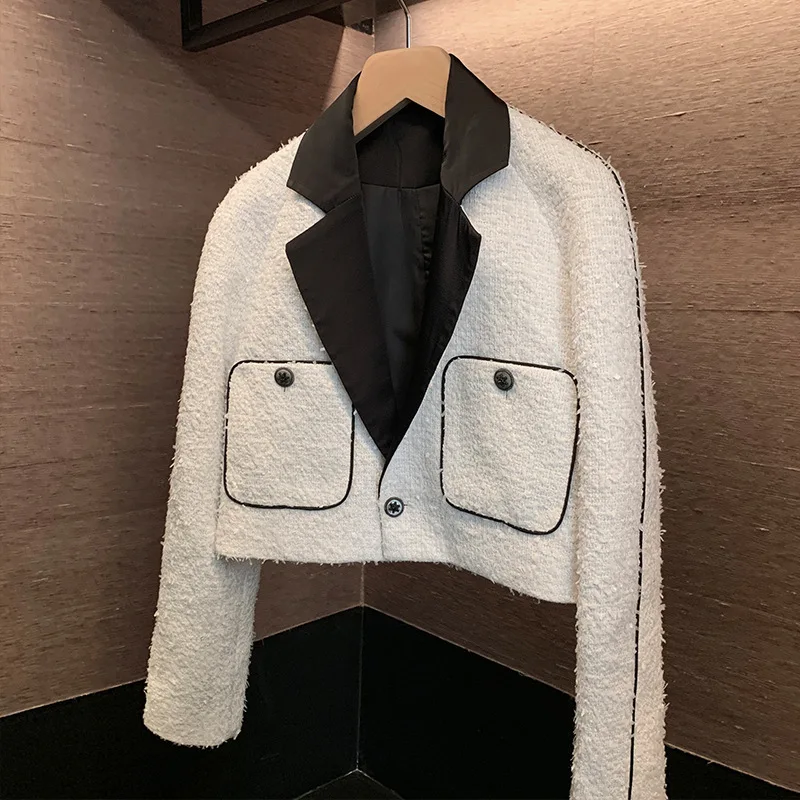 

Autumn Winter High Quality Women's White Woolen Cloth Stripe Splicing Short Suit Coat Tweed Blazers Female