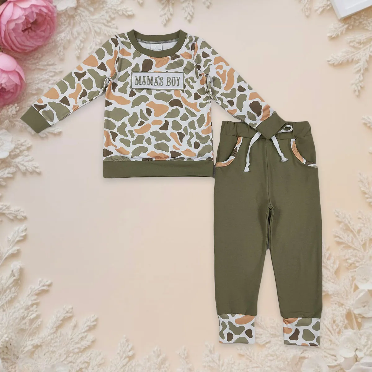

Baby Boy Orange Camo Tops Pockets Pants Embroidery Mama's Pullover T-shirt Kids Children Hunting Set Toddler Outfit Wholesale