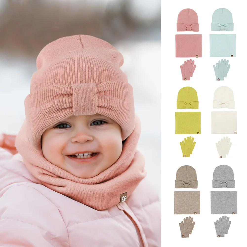 Winter Kids Hat 3-Pieces Set Cute Infant Baby Bow Warm Beanie Hat Fleece Lined Scarf Gloves Sets