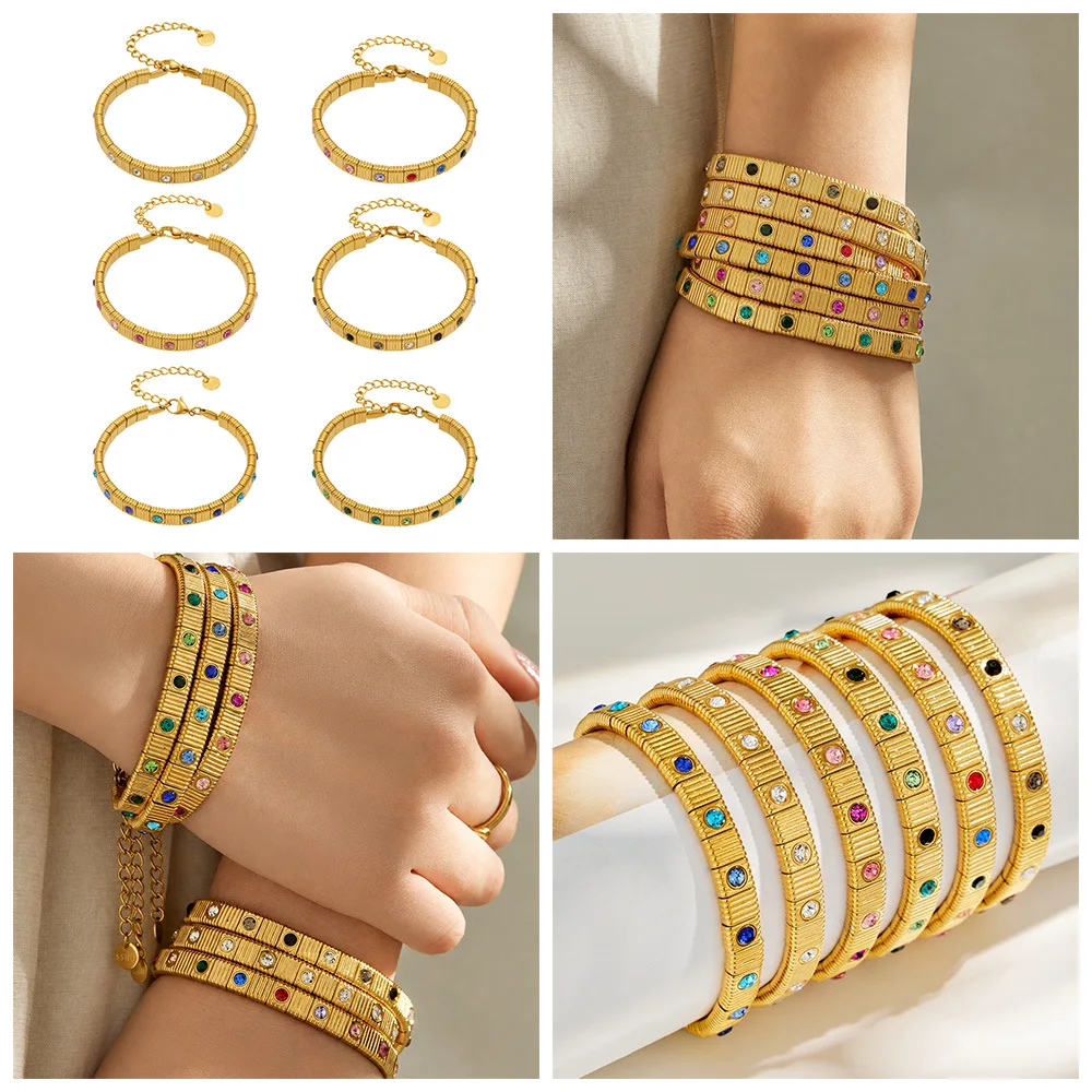 Edelstahl-Armband mit Streifenmuster, Quadratischen Perlen und Gliedern, 18K Vergoldet, mit Farbigen Kubischen Zirkonia für Damen – Detail 1