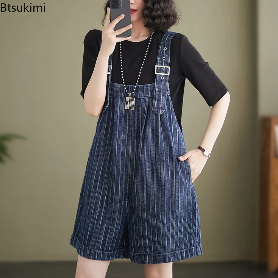 Fashion New Women's Denim Jumpsuit Summer Loose Striped Straps Shorts Korean Style Wide Leg Rompers 2024 Oversized Women Clothes