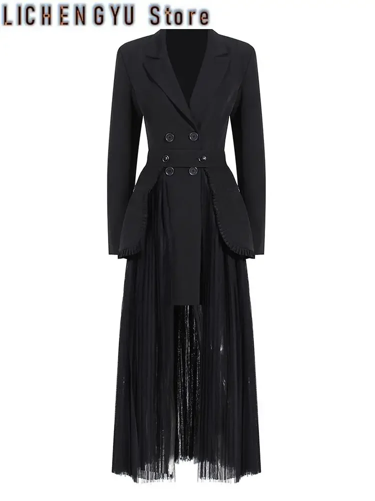 Half-body Skirt Pleated Mesh Two Pieces Suit New Lapel Long Sleeve Black Loose Women Fashion Spring Autumn