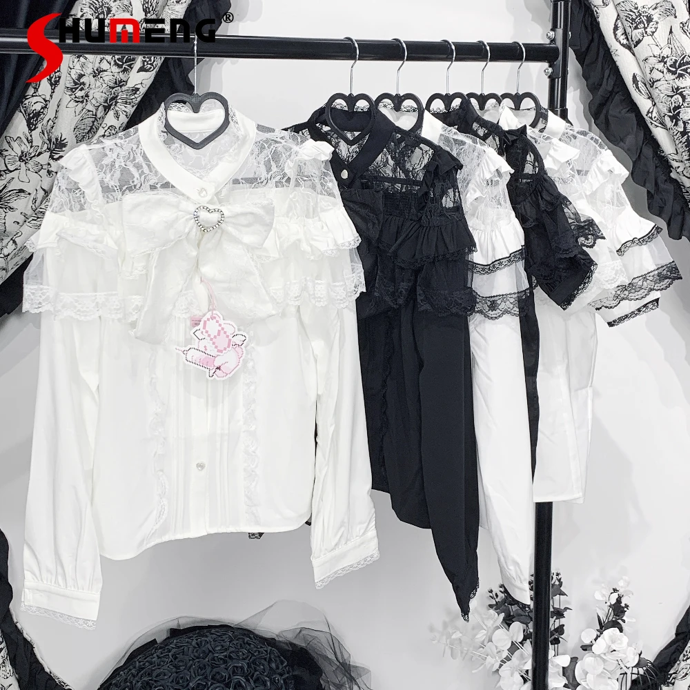 Camicia da donna versatile dolce e carina monopetto a maniche lunghe con fiocco a cuore in patchwork di pizzo prodotto in serie in stile miniera giapponese per le donne