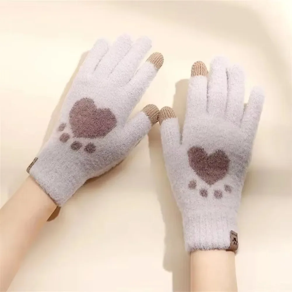 Fashion Full Fingers Cat Paw Gloves Warm Thick Knitted Gloves Fleece Lined Touchscreen Gloves Women