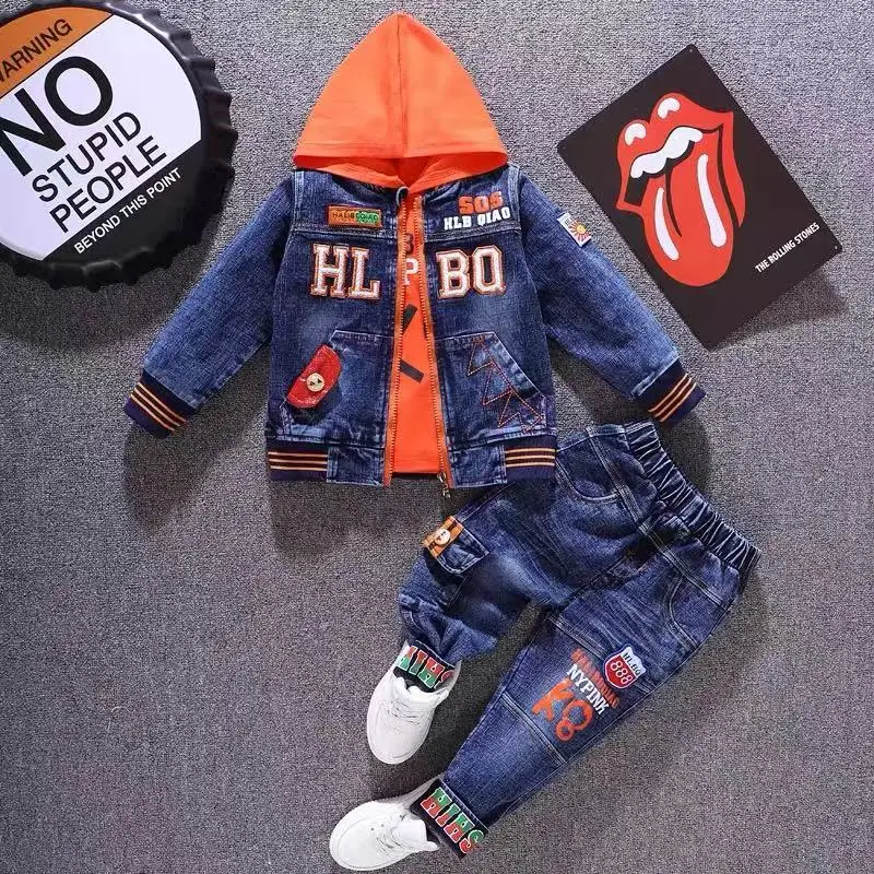 Boys' Denim Three-Piece Suit Autumn Fashionable Casual Cartoon Print Zipper Closure Long Sleeve Shirt And Pants Set 2-5Y