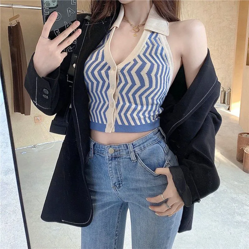 Women Clothing Vintage Chic V-neck Striped Knit Camisole Summer Fashion French Sexy Sweet Slim Backle Sleeveless Crop Top