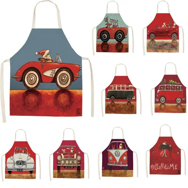 Home Cartoon Car Christmas Kitchen Children Apron Santa Claus Pattern Adult Women Men Dinner Party Cooking Apron Xmas Decoration