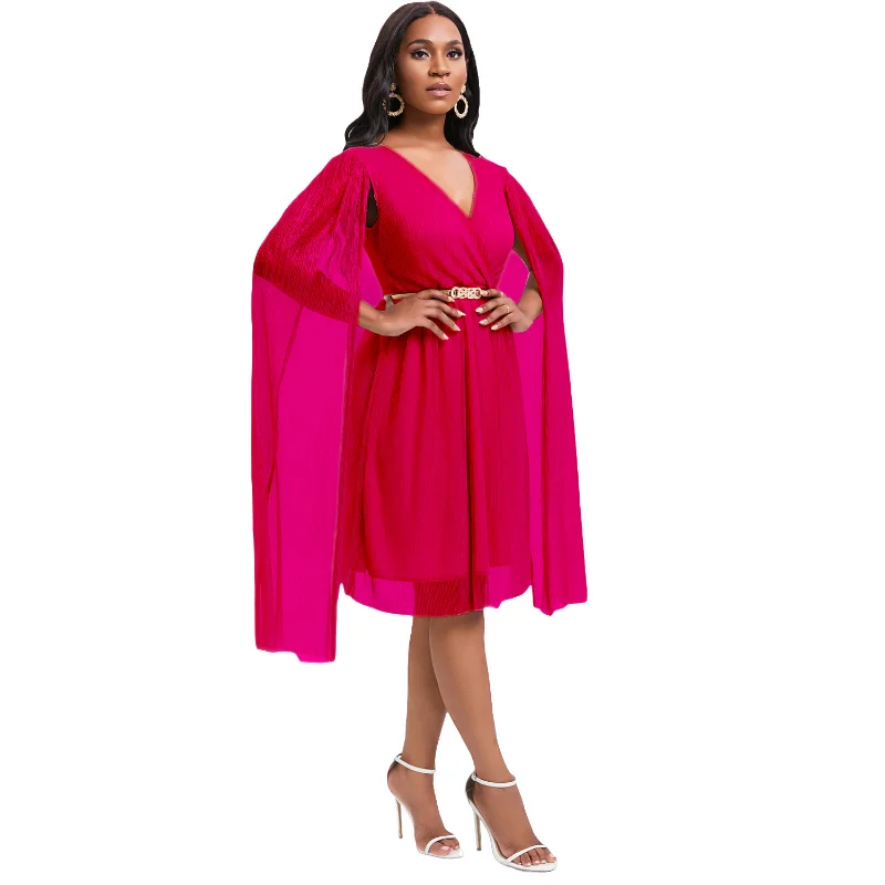 African Dresses for Women Summer Sexy African Cloak Sleeve Polyester V-neck Blue Khaki Rose Red Knee-length Dress with Belt