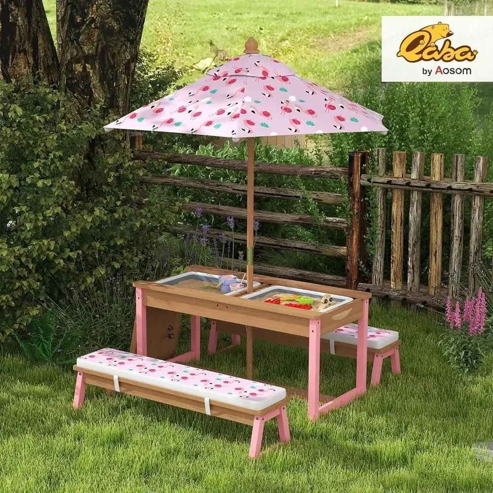 Wooden Picnic Table Set with Umbrella, Cushions, and Storage Boxes, Lamingo Theme Outdoor Furniture for Kids, Pink