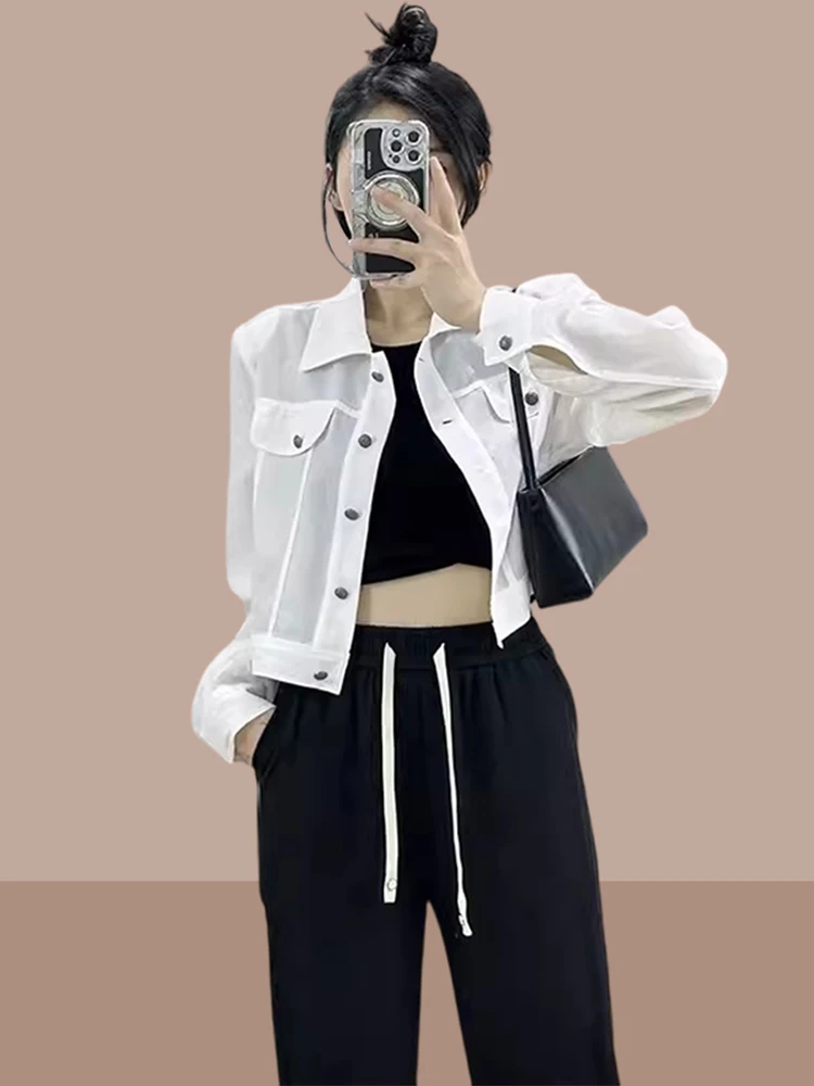 Short Length Women's Sun Protection Shirt Casual Korean Style round Neck Button up Loose Fit Summer Outerwear Cardigan